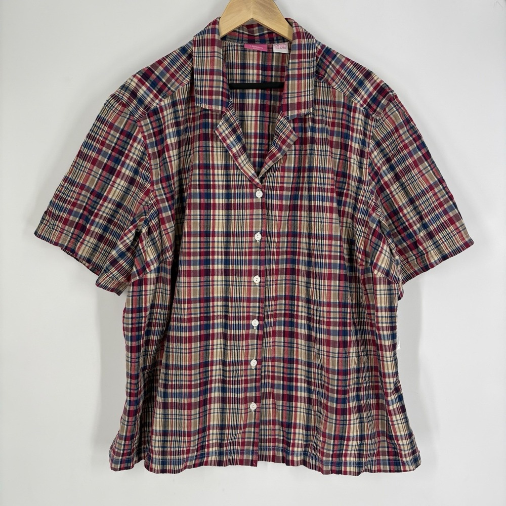 Vintage Papagallo Women Seersucker Plaid Button Up Top Size 3X Preppy Breathable